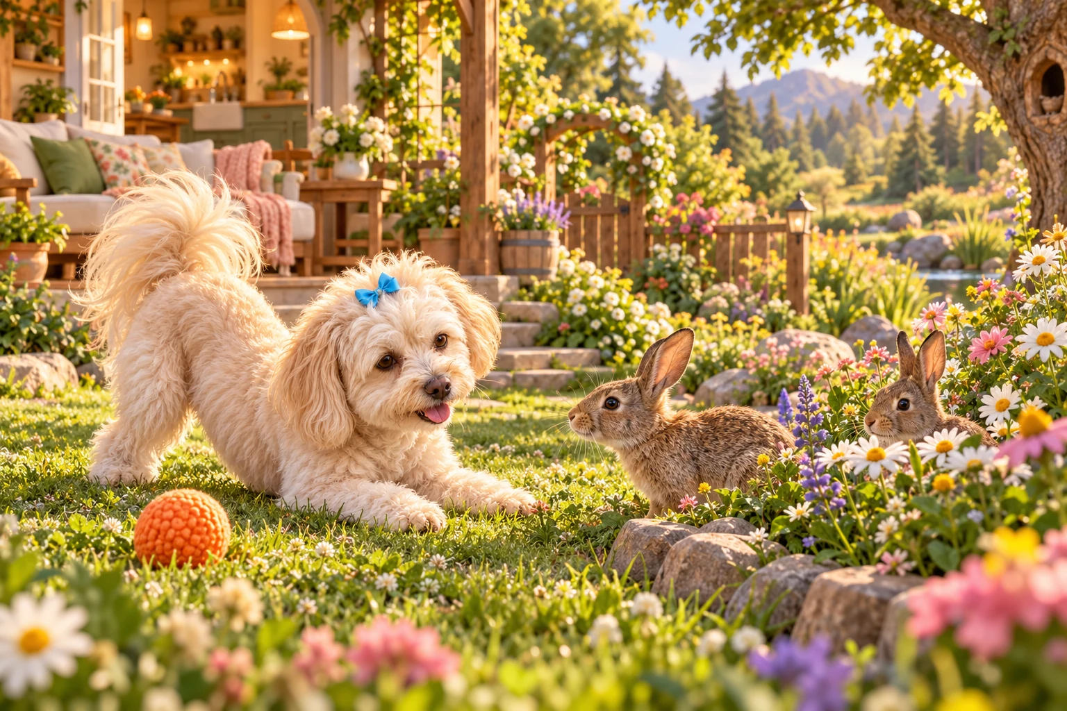 Luna meets two rabbits in her garden